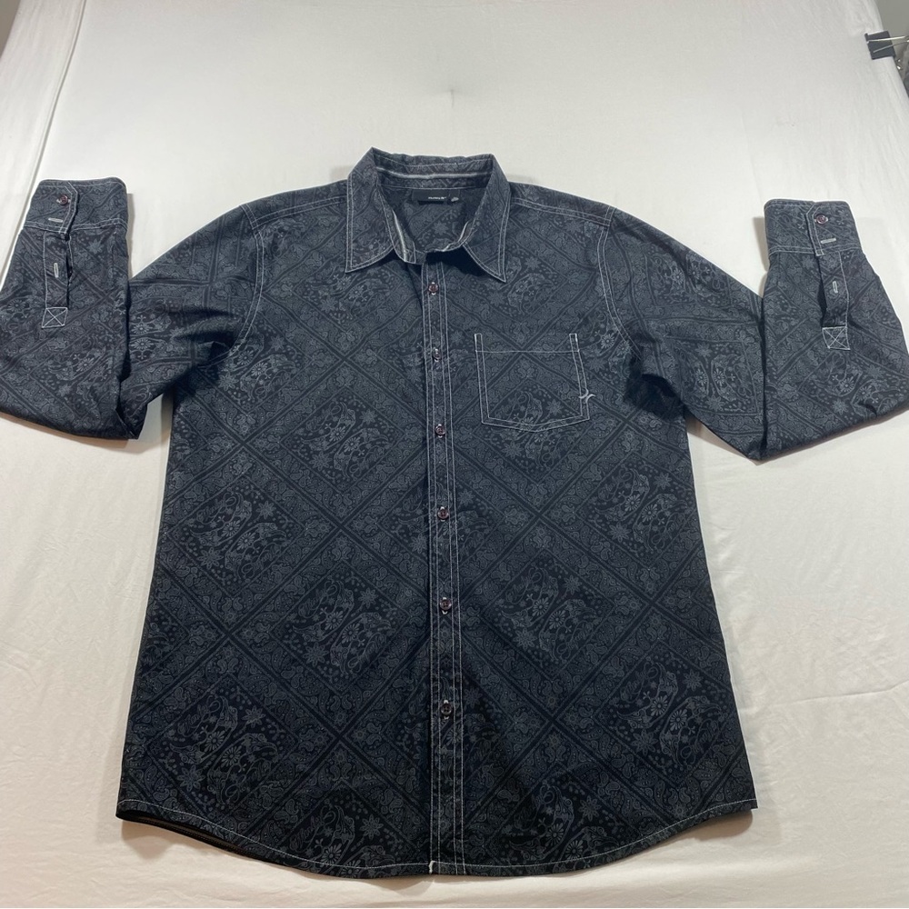 Hurley Shirt Men’s Large Dress Shirt long Sleeve Button Down Print black Gray